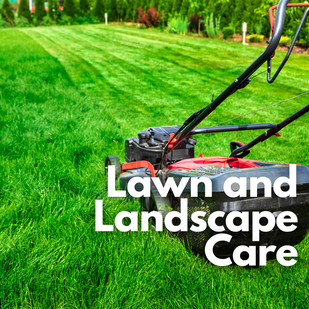 image: lawn being mowed, red lawnmower